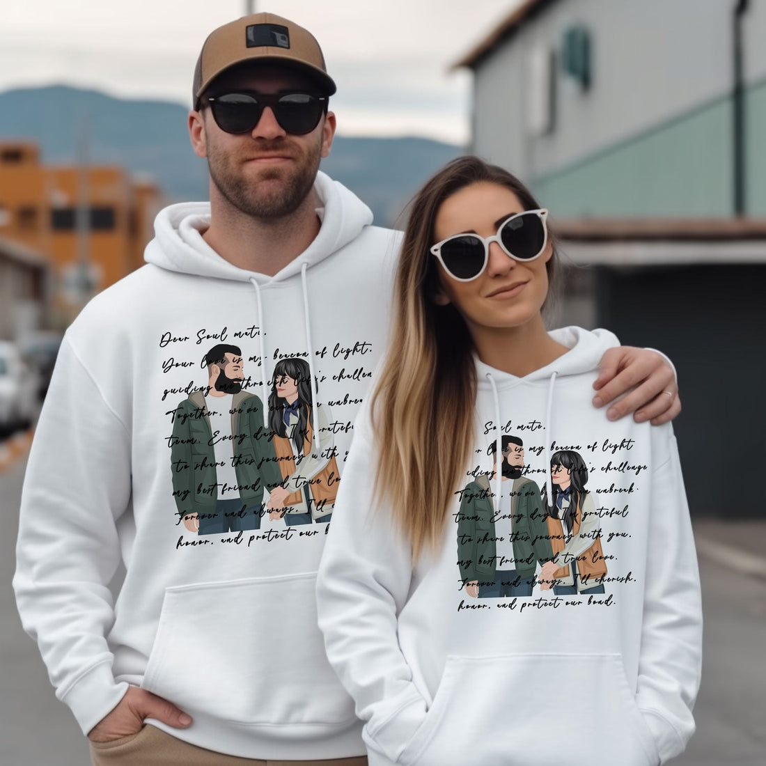 Premium Couple Portrait and Words Personalized Hoodie