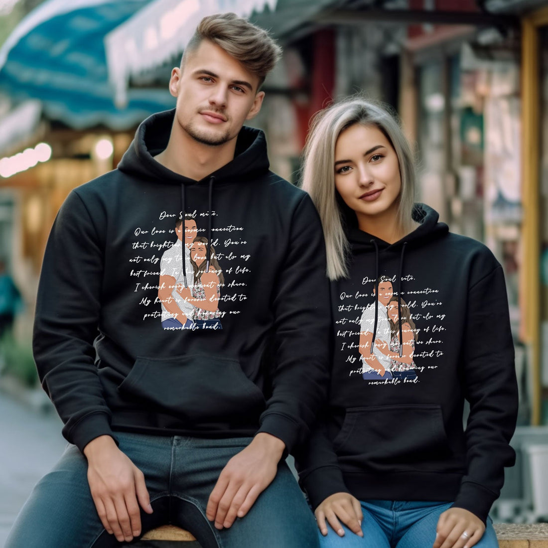 Premium Couple Portrait and Words Personalized Hoodie