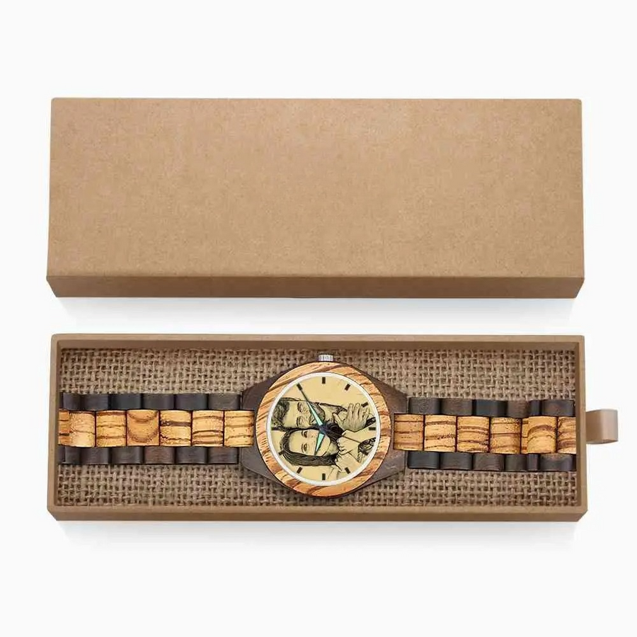 Men's Engraved Wooden Photo Watch Wooden Strap 45mm