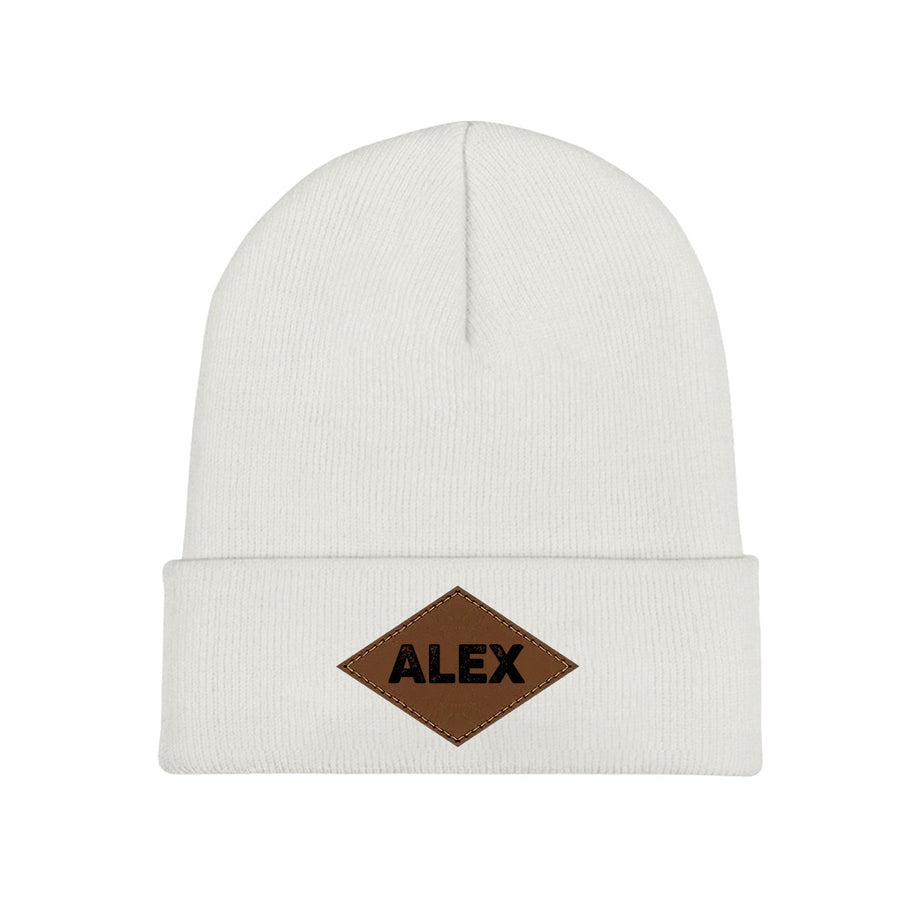 Personalized Laser Engraved Knit Hat with Tongue-Shaped Leather Logo