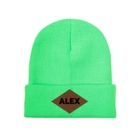 Personalized Laser Engraved Knit Hat with Tongue-Shaped Leather Logo