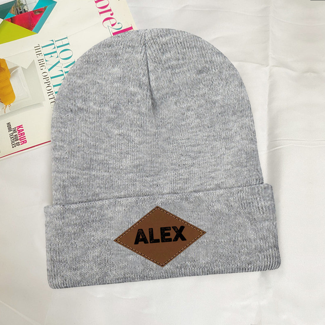 Personalized Laser Engraved Knit Hat with Tongue-Shaped Leather Logo