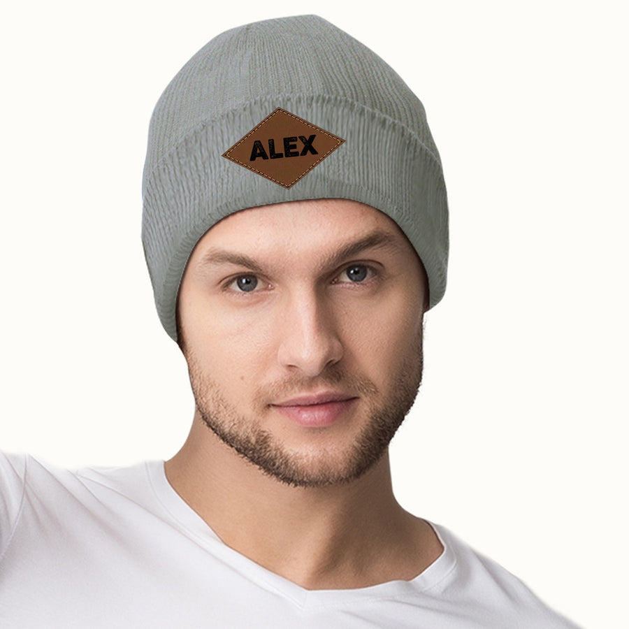 Personalized Laser Engraved Knit Hat with Tongue-Shaped Leather Logo