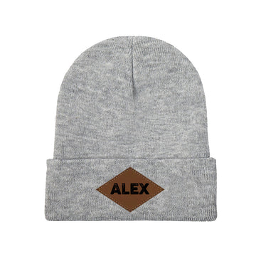 Personalized Laser Engraved Knit Hat with Tongue-Shaped Leather Logo