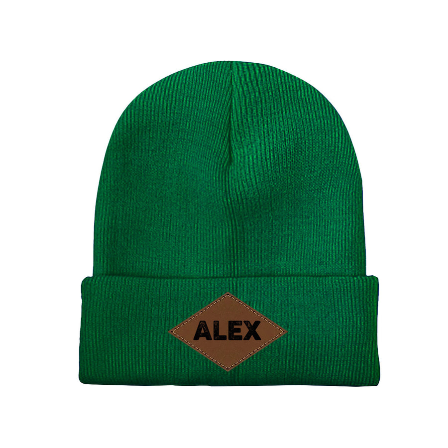 Personalized Laser Engraved Knit Hat with Tongue-Shaped Leather Logo