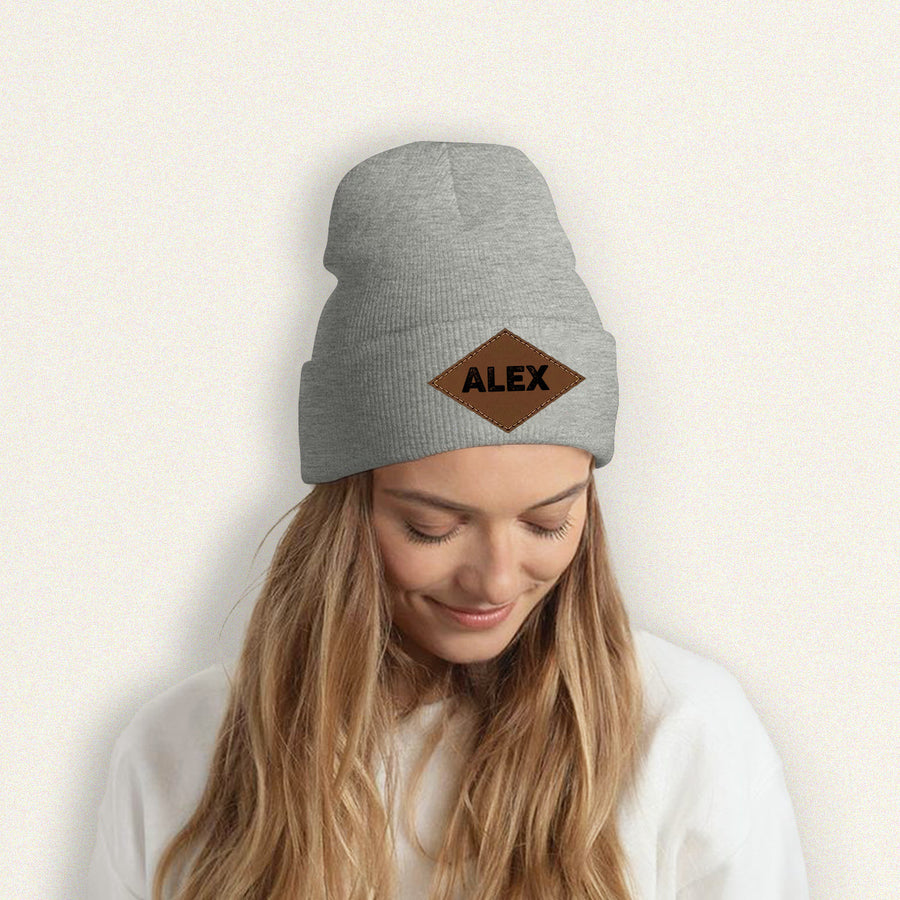 Personalized Laser Engraved Knit Hat with Tongue-Shaped Leather Logo